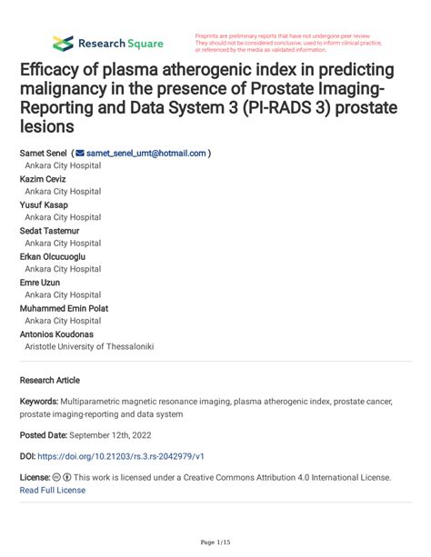 Pdf Efficacy Of Plasma Atherogenic Index In Predicting Malignancy In