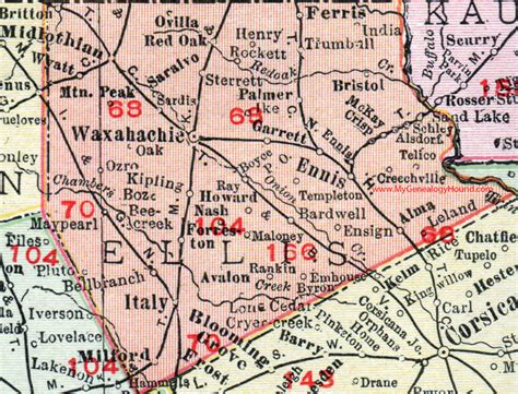 Ellis County, Texas, 1911, Map, Waxahachie, Midlothian, Ennis, Milford ...