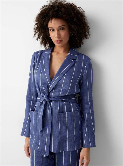 Striped Chambray Linen Belted Blazer Polo Ralph Lauren Womens Blazers Simons