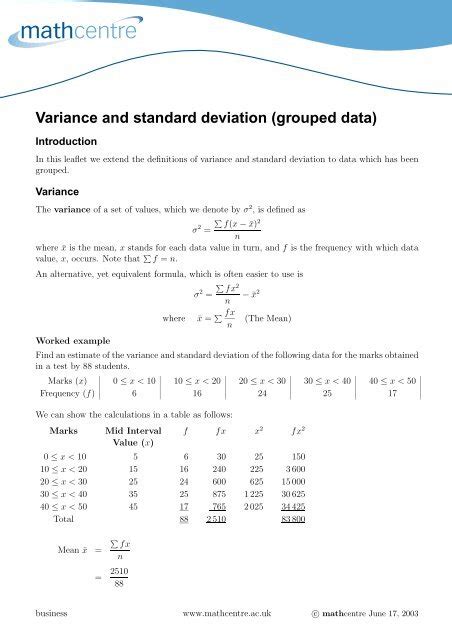 Understanding The Variance And Standard Deviation Worksheets Library