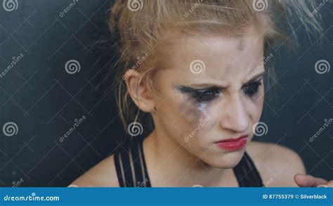 Closeup Of Young Teenage Girl Dancer Crying After Loss Perfomance Sits