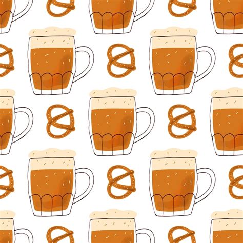 Patrón Sin Costuras Con Taza De Ilustración Estilizada De Cerveza Y Bocadillo Pretzel Sobre