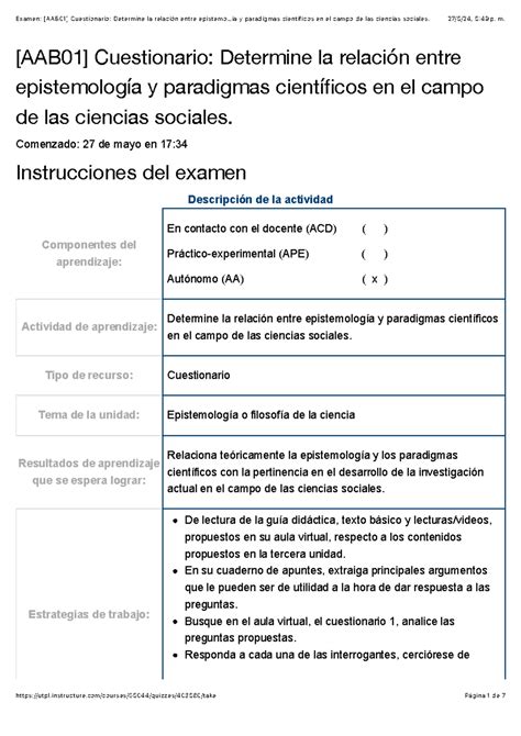 Examen Aab Cuestionario Determine La Relaci N Entre Epistemolog A Y