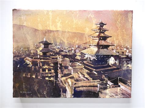 Watercolor Painting Nyatapola Temple Sunset Landscape Bhaktapur Nepal