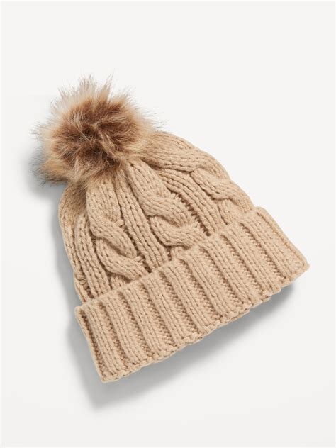 Cable Knit Faux Fur Pom Pom Beanie For Girls Old Navy