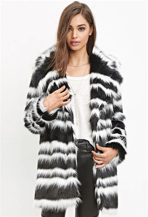 Forever 21 Forever 21 Striped Faux Fur Coat Fur Coat White Faux