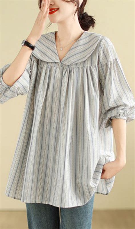 Brief Peter Pan Collar Striped Patchwork Top Long Sleeve En 2024