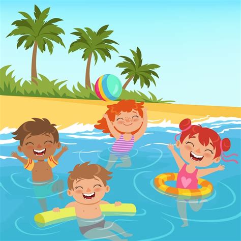 Ilustraciones de niños felices en la piscina Vector Premium