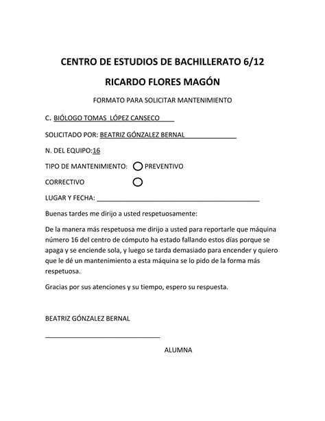 Formato Para Solicitar Mantenimiento Pdf