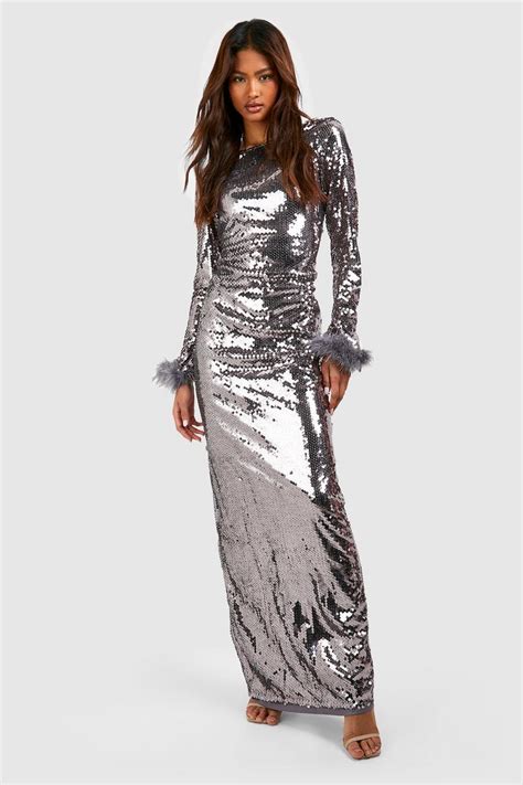 Tall Sequin Fluffy Feather Trim Maxi Dress Boohoo Uk