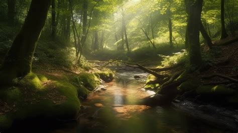 A 4k Ultra Hd Wallpaper Of A Tranquil And Lush Forest Glen With Rays