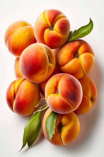 Premium Photo Pile Of Ripe Peaches With Green Leaves On Top Of White