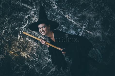 Young Witch Flying On The Broomstick Stock Image - Image of broom, long ...