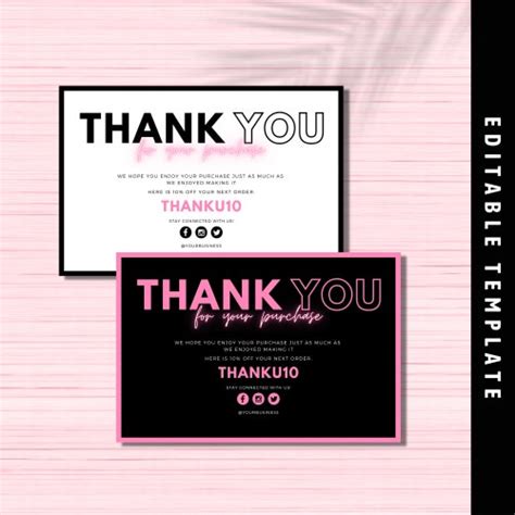 Editable Pink Thank You For Your Purchase Card Neon Pink Etsy