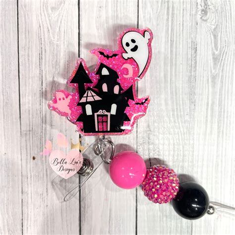 Haunted House Badge Reel Pink Halloween Badge Holder Retractable