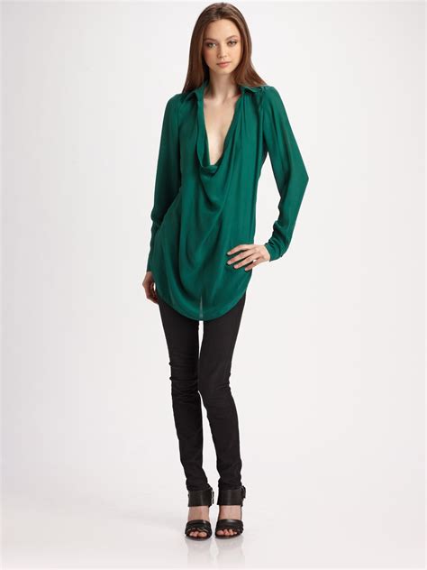 Haute Hippie Cowlneck Silk Blouse In Green Emerald Lyst