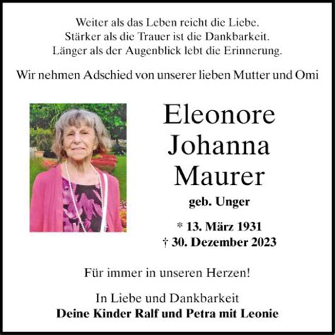 Traueranzeigen Von Eleonore Johanna Maurer Trauerportal Ihrer