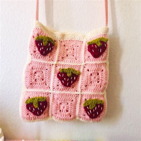 Strawberries And Cream Crochet Granny Square Tote Bag Carryall Etsy