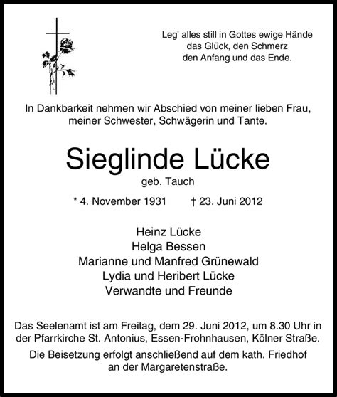 Traueranzeigen von Sieglinde Lücke Trauer in NRW de