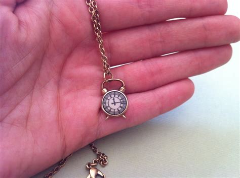 Mini alarm clock necklace gold plated pewter tiny pendent