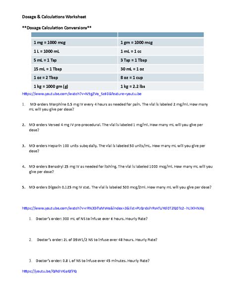 Dosage Calculation Worksheets 11 Med Math Worksheets