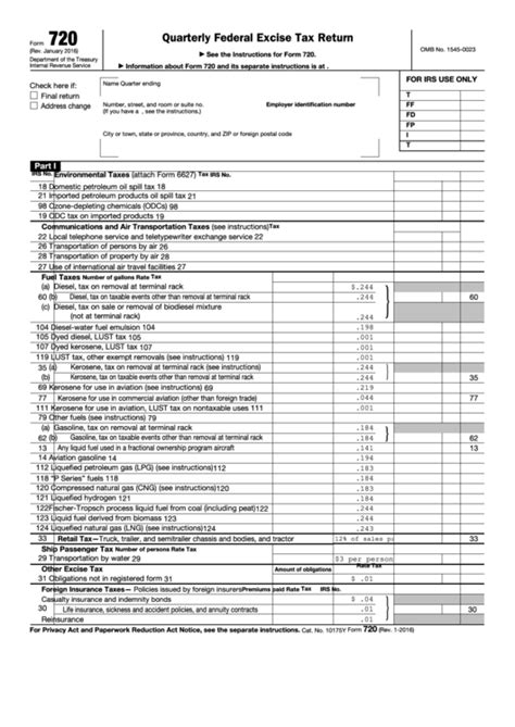 Fillable Form 720 Quarterly Federal Excise Tax Return Printable Pdf