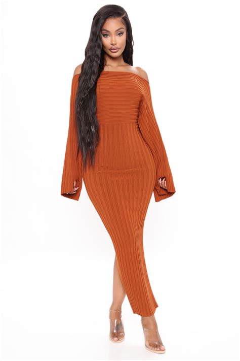 Heather Sweater Midi Dress Cognac Fashion Nova