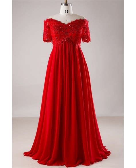 Plus Size Red Sequin Lace Off Shoulder Empire Long Formal Dress With