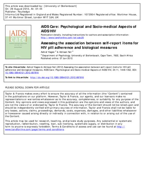 Pdf 2012 Assessing The Association Between Self Report Items For Hiv Pill Adherence And