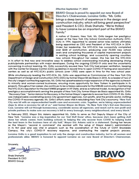 Welcome To The Bravo Team Lorraine Grillo Board Of Directors