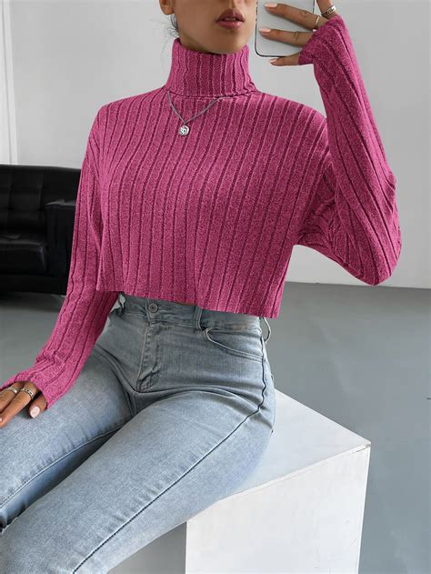 Shein Essnce Turtleneck Drop Shoulder Ribbed Knit Tee Shein Usa