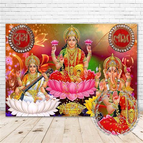 Buy Laxmi Ganesh Saraswati Backdrop Background 7x5 Vinyl Hindu Wall Art ...