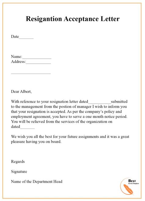 Resignation Acceptance Letter Template Examples With For