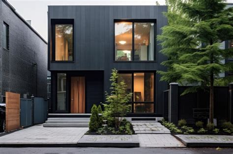 Premium Photo A Black Modern Townhouse With A Minimalist Yard