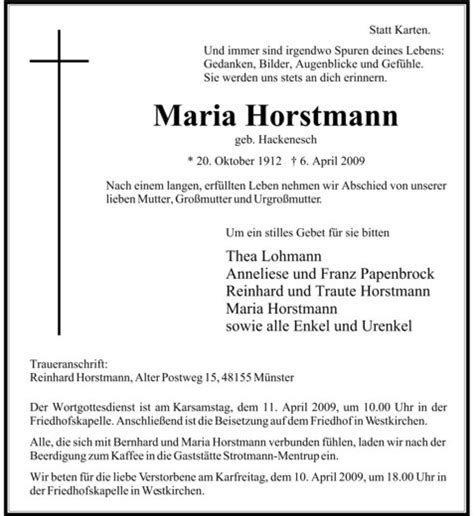 Traueranzeigen Von Maria Horstmann Trauer Ms