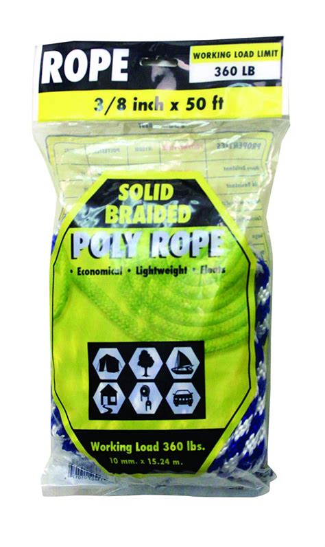 Rope King SBP 3850BW Solid Braided Poly Rope 3 8 Inch X 50 Feet Blue