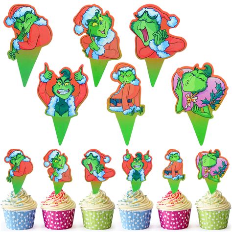 Buy 12pcs Grinch Themed Christmas Party Food Cake Cupcakes Picks Sticks