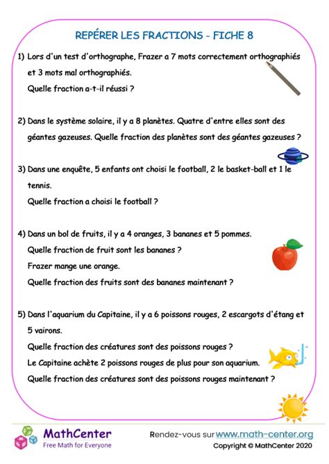 CM2 Fiches de travail Problèmes de fractions Math Center