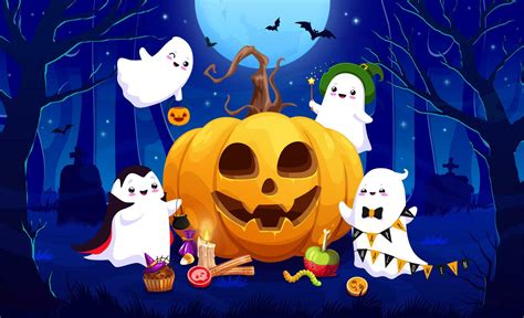 Halloween Kawaii Ghosts Pumpkin In Night Forest 31742377 Vector Art At