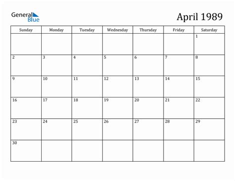 April 1989 Monthly Calendar PDF Word Excel