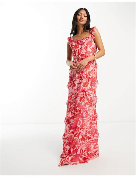 Pretty Lavish Square Neck Ruffle Maxi Dress Dress In Red Lyst