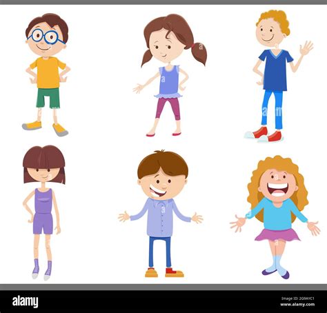 Cartoon illustration of happy children and teenagers comic characters ...