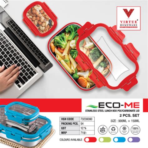 eco  virtue homeware stainless steel  polycarbonate lid lunch box
