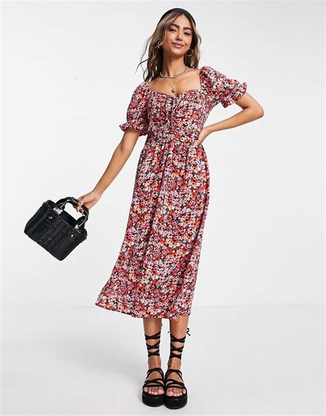 Qed London Sweetheart Neckline Puff Sleeve Midi Dress In Red Floral