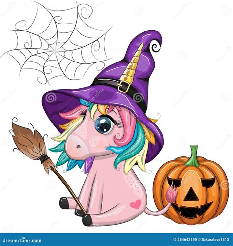 Cute Cartoon Unicorn In Purple Witch Hat With Pumpkins Potion Or