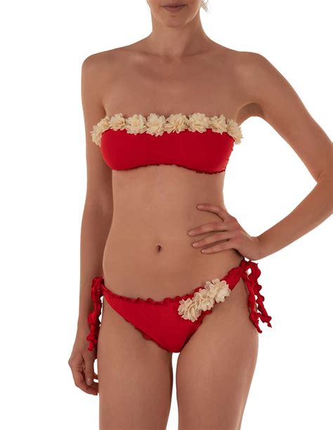 Bikini Fiori Fascia Frou Frou Con Slip O Brasiliana Rosso