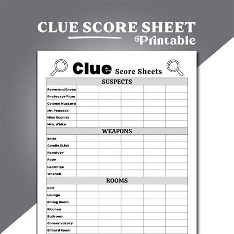 Clue Score Sheet Clue Board Game Score Sheet Clue Score Card Clue