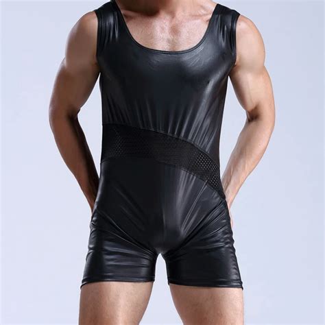 Mens Black Patent Leather Leotard Faux Leather Latex Catsuit Sexy Lingerie Bodysuit Breathable