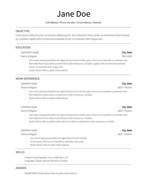 Single Column Resume Template