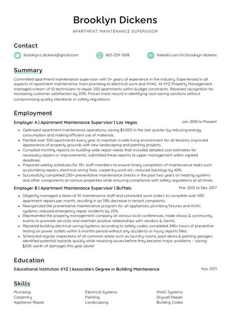 Apartment Maintenance Supervisor Resume CV Example And Writing Guide